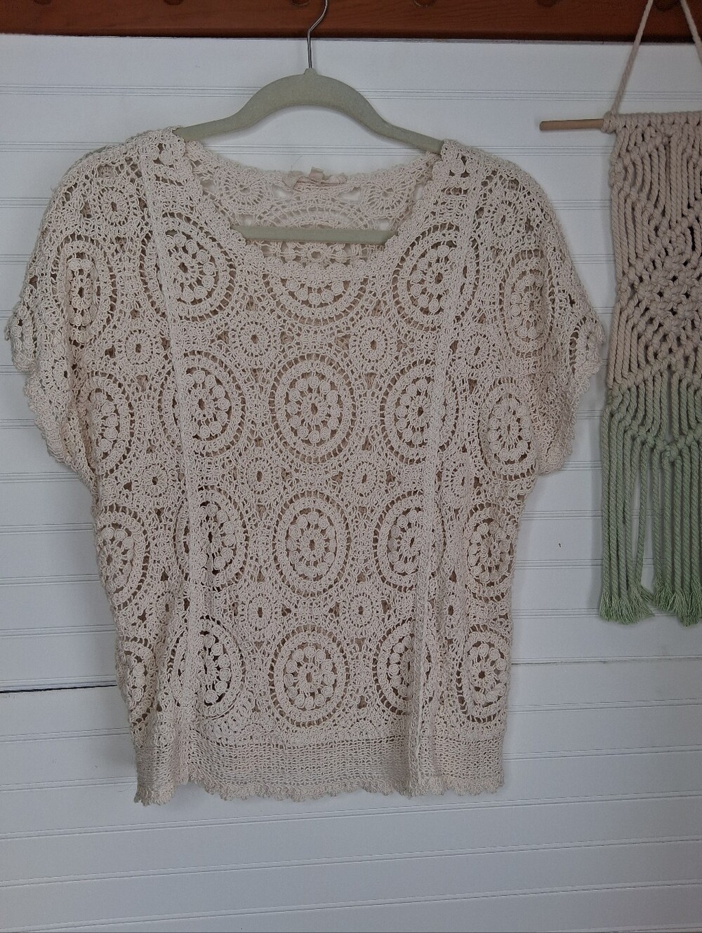 Anthropologie Solitaire Crocheted Cotton Circles Short Sleeve Top - Cream Sz L